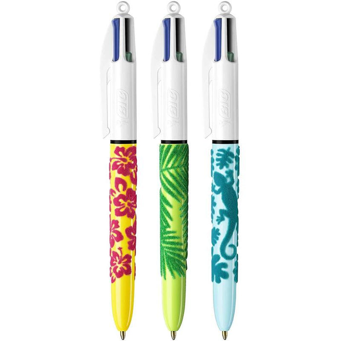 Pack De 12 Unidades Bic 4 Colours Velours Boligrafo De Bola Retractil - Punta Media De 1.0 Mm - Tinta Con Base De Aceite - Diseño Jungla