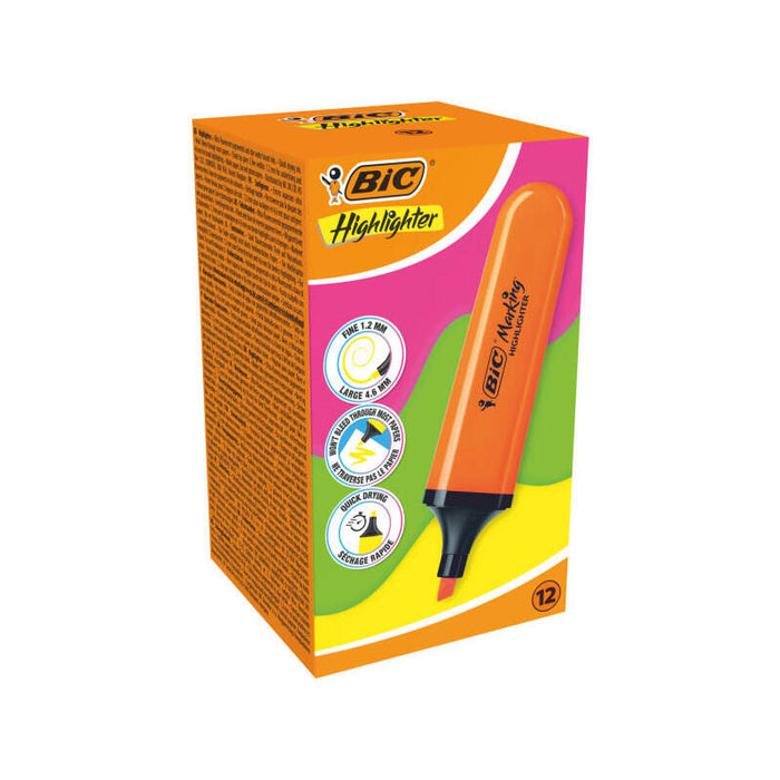 Pack De 12 Unidades Bic Marking Highlighter Flat Marcador Fluorescente - Punta Biselada - Trazo Entre 1.70 Y 4.80 Mm -