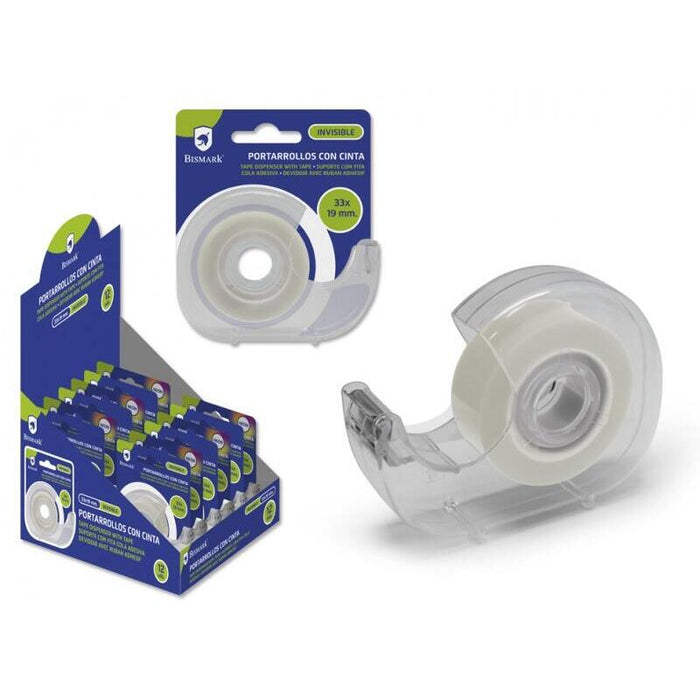 Pack De 12 Unidades Bismark Portarrollos Con Cinta Adhesiva Invisible - Cuerpo De Plastico - Incluye Cinta De 33 Metros