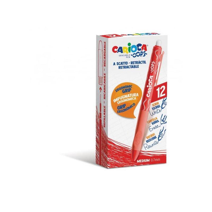 Pack De 12 Unidades Carioca Oops Boligrafos Borrables - Tinta Roja Termo Sensible - Empuñadura Ergonomica Triangular -