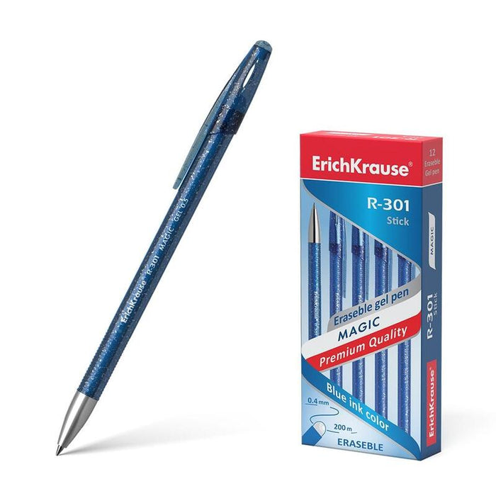 Pack De 12 Unidades Erichkrause Boligrafo De Gel R-301 Magic Gel 05 - Tinta Borrable - Cuerpo Teñido Y Semitransparente - Punta De 05mm - Tinta De Gel De Secado Rapido - Color Azul