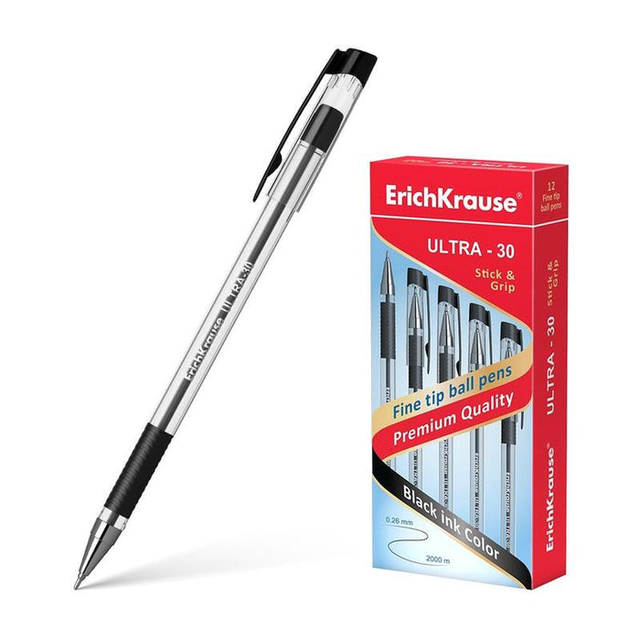 Pack De 12 Unidades Erichkrause Boligrafo Ultra-30 - Recargable Con Punta Fina Fine Tip - Cuerpo Transparente Con Agarre De Goma - Tinta Color Negro - 2000m De Escritura Precisa Y Rapida - Color Negro