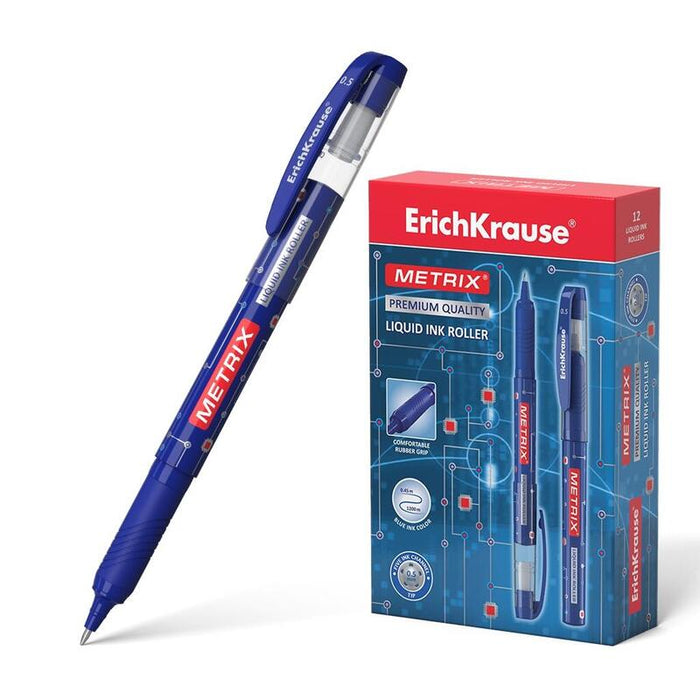 Pack De 12 Unidades Erichkrause Metrix - Roller Clasico Con Punta Normal - Cuerpo Ligero De Plastico - Tinta De Gel De Secado Rapido - Color Azul