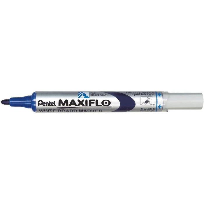 Pack De 12 Unidades Pentel Maxiflo Rotulador Para Pizarra Blanca - Regulacion Del Flujo De Tinta - Punta De Bala - Ancho De Linea 2mm - 50% De Materiales Reciclados - Color Azul