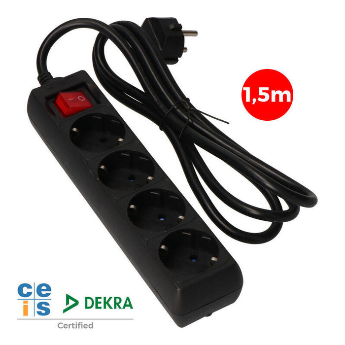 Pack De 2 Unidades - Base Multiple 4 Tomas Schuko + Interruptor 1,5m 3x1,5mm Color Negro Edm