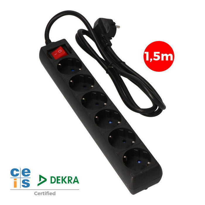 Pack De 2 Unidades - Base Multiple 6 Tomas Schuko + Interruptor 1,5m 3x1,5mm Color Negro Edm