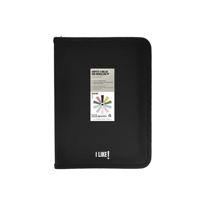 Pack De 2 Unidades Grafoplás Carpeta Anillas Mixtas 4x25mm Con Cremallera I Like A4+ Pp Rígido Opaco Negro