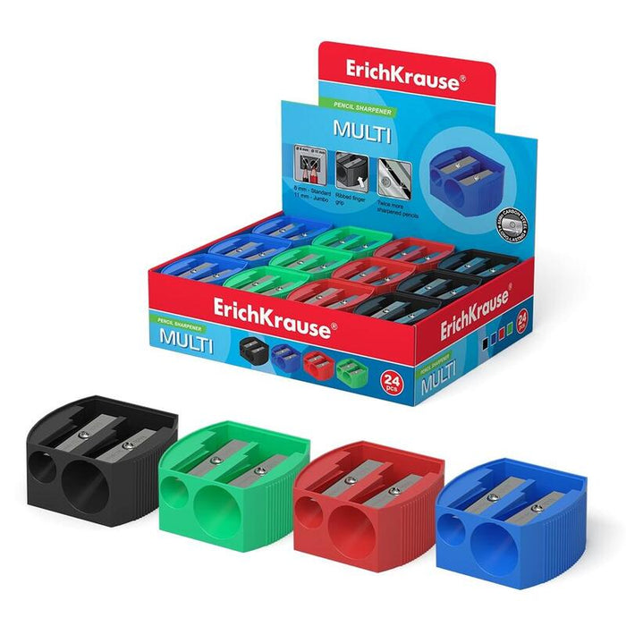 Pack De 24 Unidades Erichkrause Multi - Sacapuntas De Plastico Con Dos Orificios - Diametros De 8mm Y 11mm - Color Surtido