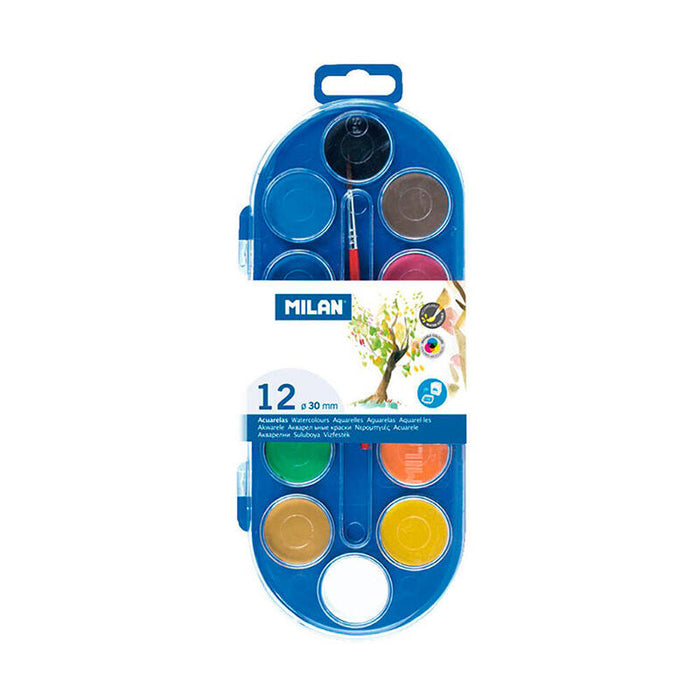 Pack De 3 Unidades - Estuche Con 12 Pastillas De Acuarelas Ø30mm + 1 Pincel Milan