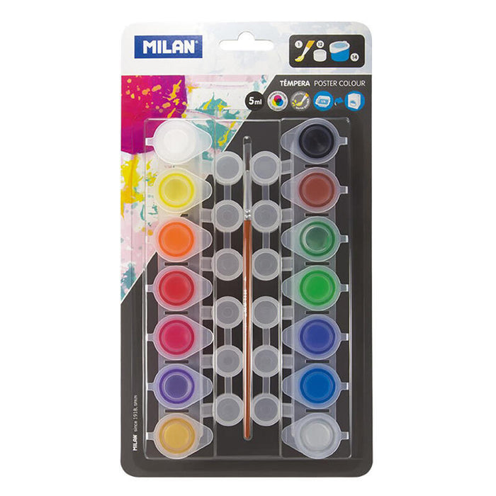 Pack De 4 Unidades - Blister Con 14 Botes De Tempera 5ml + 12 Botes De Mezclas Y Pincel Milan