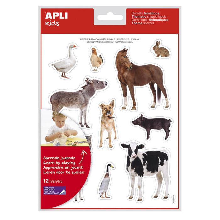 Pack De 5 Unidades Apli Gomets Tematicos Realistas Animales De La Granja - 144 Gomets En 12 Hojas - Adhesivo Removible - Ideal Para Desarrollar Habilidades Motoras - Adhesivo Base Agua - Libre De Disolventes - Gran Surtido Tematico