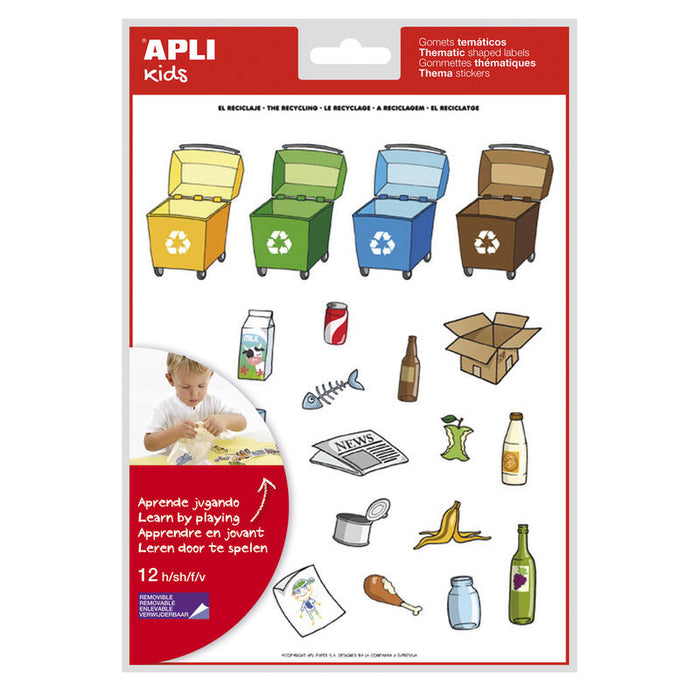 Pack De 5 Unidades Apli Gomets Tematicos Reciclaje - 276 Gomets - Adhesivo Removible - Ilustraciones Divertidas - Ideal Para Escuelas - Normas En-71 Y Fsc - Adhesivo Base Agua - Ecf - 100% Reciclables - Colorido