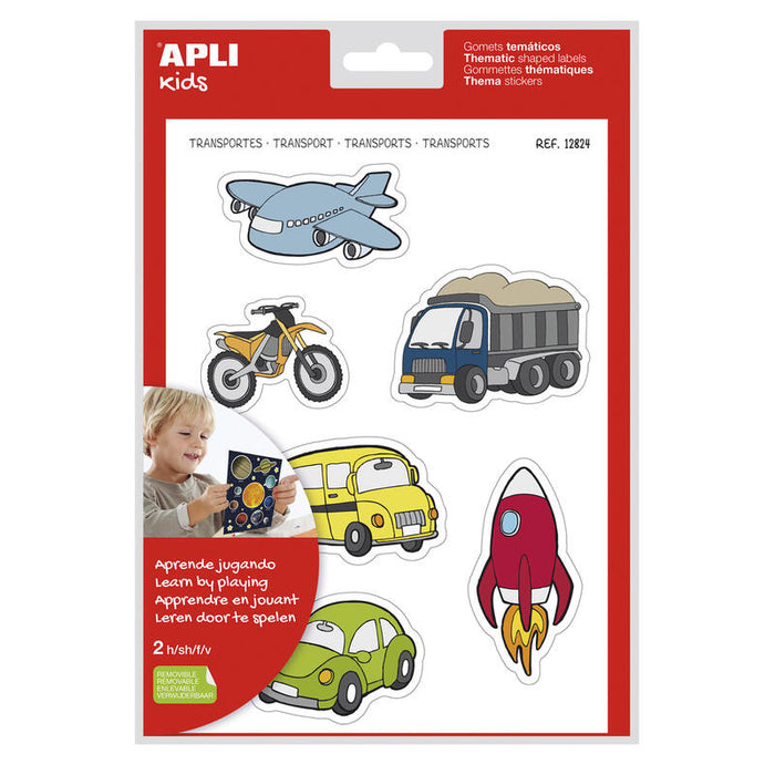 Pack De 5 Unidades Apli Gomets Tematicos Transportes Xl - 24 Gomets En 2 Hojas A4 - Ilustraciones De Medios De Transporte - Adhesivo Removible - Tamaño Xl Sin Borde - Adhesivo Base Agua - Libre De Disolventes - Colorido