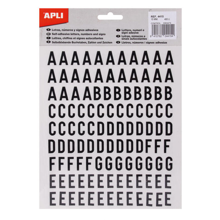 Pack De 5 Unidades Apli Letras Adhesivas De Palo Mayusculas - Altura 15mm - Pack De 4 Hojas Con 468 Letras - Color Negro