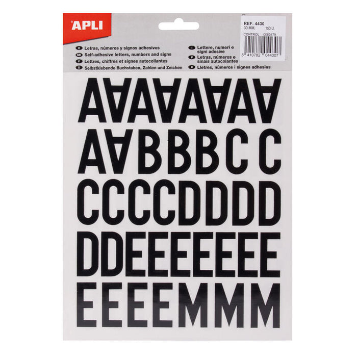 Pack De 5 Unidades Apli Letras Adhesivas De Palo Mayusculas - Altura 30mm - Color Negro - Pack De 4 Hojas Con 153 Letras