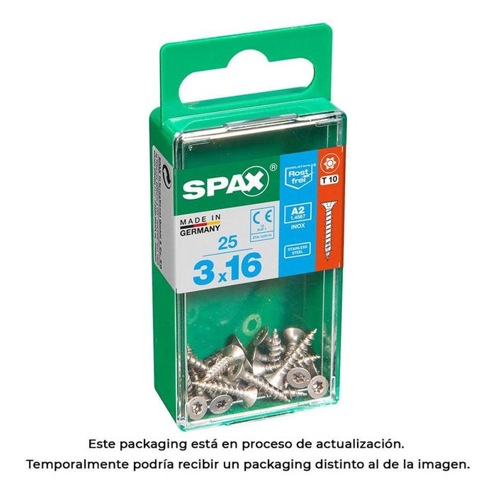 Pack De 5 Unidades - Caja 25 Unid. Tornillo Madera Spax Cabeza Plana Inox A2 3,0x16mm Spax