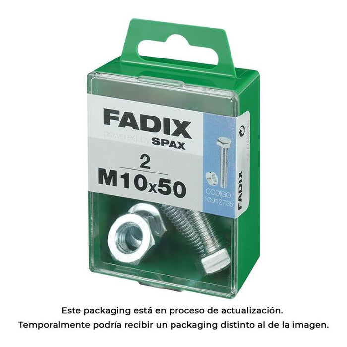 Pack De 5 Unidades - Caja M 2 Unid. Tornillo Metrica Cab Hex+Tuerca Cinc M 10x50mm Fadix