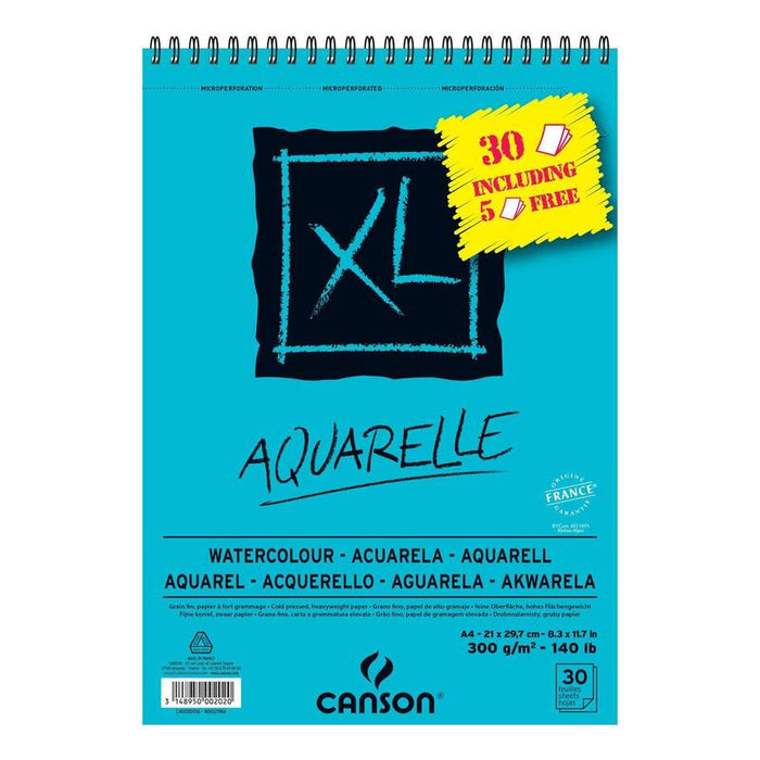 Pack De 5 Unidades Canson Bloc Acuarela Aquarelle Fino Xl Espiral 25 + 5(Gratis) Hojas 300gr 21x29,7cm -
