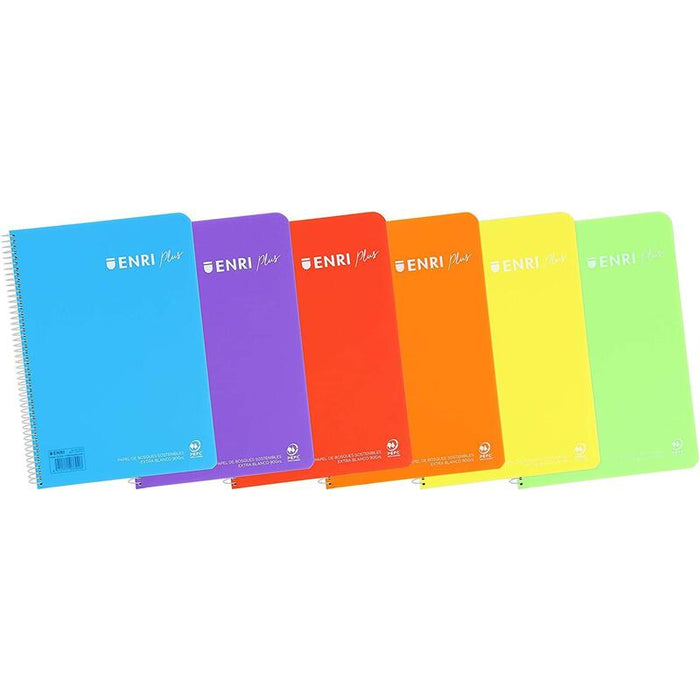 Pack De 5 Unidades Enri Plus Cuaderno Espiral Formato Folio Cuadriculado 4x4mm - 80 Hojas 90gr Con Margen - Cubierta De Plastico - Colores Surtidos