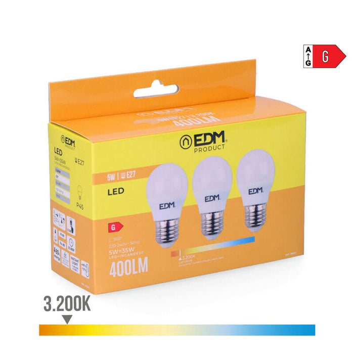 Pack De 5 Unidades - Kit 3 Bombillas Esfericas Led E27 5w 400lm 3200k Luz Calida Ø4,5x8cm Edm