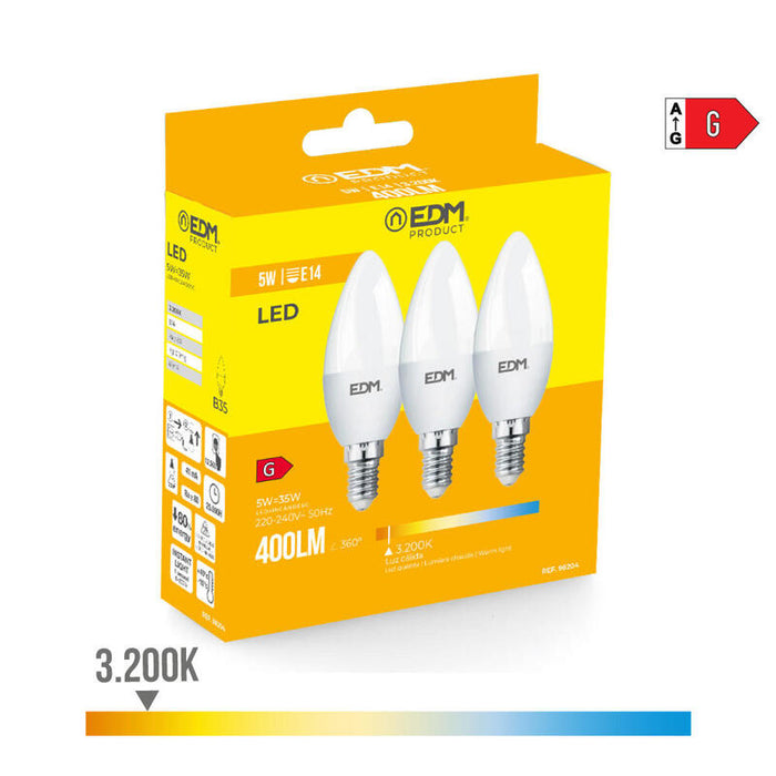 Pack De 5 Unidades - Kit 3 Bombillas Vela Led E14 5w 400lm 3200k Luz Calida Ø3,6x10cm Edm