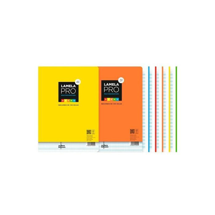 Pack De 5 Unidades Lamela Recambio Pro 4 Taladros 100h A4 90gr Cuadrovía 3mm Multiasignaturas 5 Colores