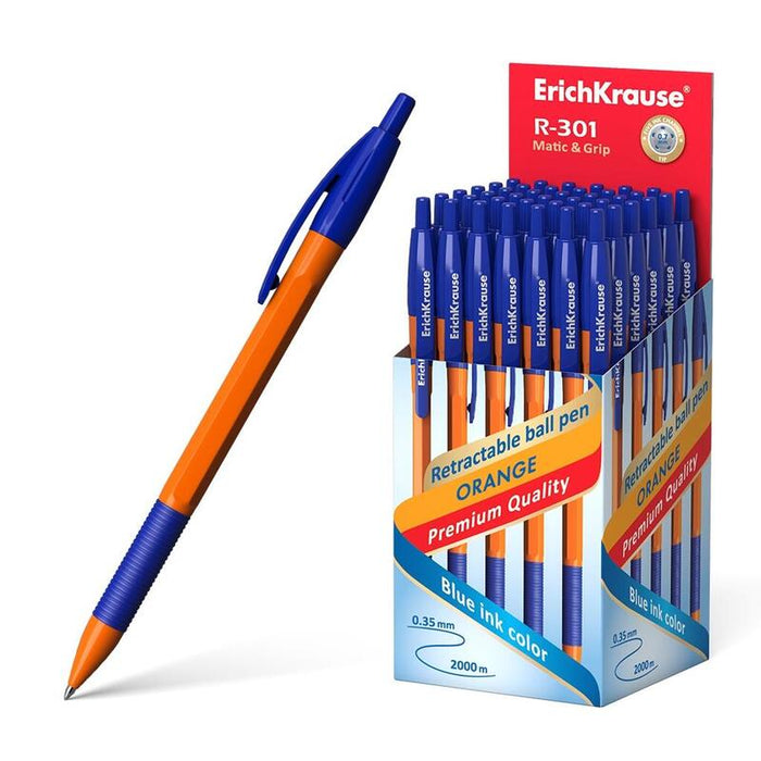 Pack De 50 Unidades Erichkrause Boligrafo Automatico R-301 Naranja Matic&Grip 07 - Cuerpo Hexagonal Opaco - Grip De Goma - Punta De 07mm - Tinta De Secado Rapido - Color Azur