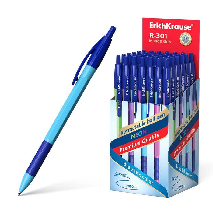 Pack De 50 Unidades Erichkrause Boligrafo Automatico R-301 Neon Matic&Grip 0.7 - Cuerpo Hexagonal Neon - Punta De 0.7mm - Tinta De Secado Rapido - Color Azul