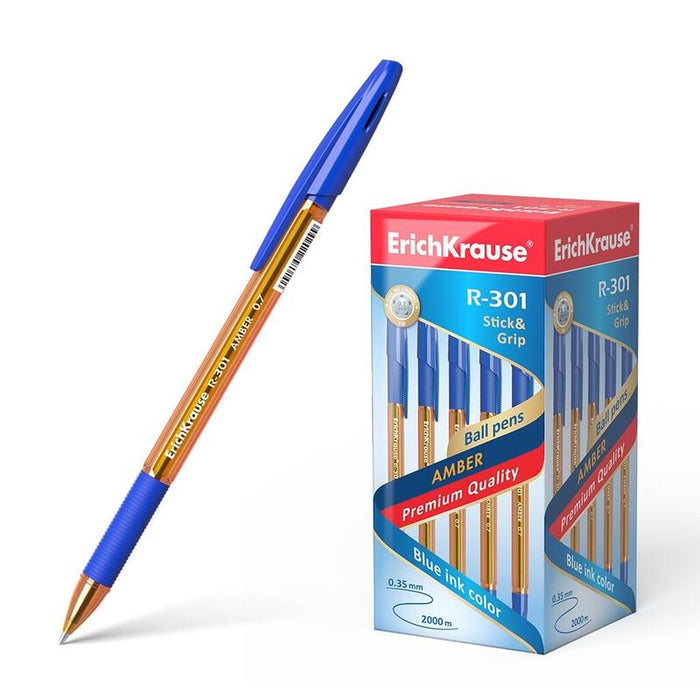 Pack De 50 Unidades Erichkrause Boligrafo R-301 Amber Stick&Grip 0.7 - Cuerpo Hexagonal Translucido - Zona De Agarre De Goma - Punta De 0.7mm - Tinta De Secado Rapido - Color Azul