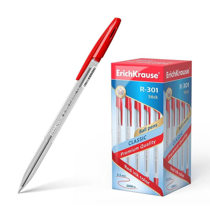 Pack De 50 Unidades Erichkrause Boligrafo R-301 Classic Stick 1.0 - Cuerpo Transparente Hexagonal - Punta De 1.0mm - Tinta De Secado Rapido - Color Rojo
