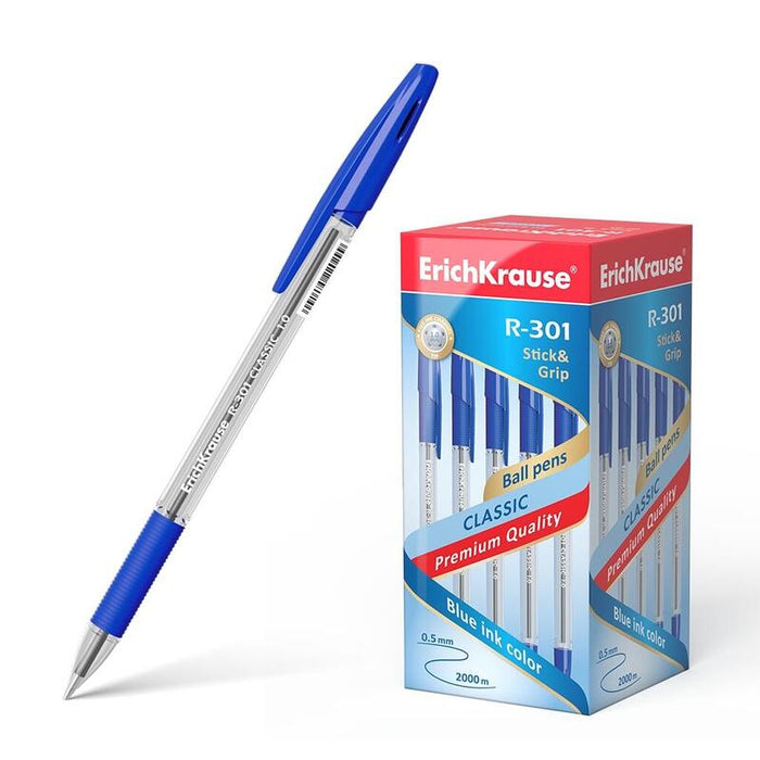Pack De 50 Unidades Erichkrause Boligrafo R-301 Classic Stick&Grip 1.0 - Cuerpo Transparente Hexagonal - Zona De Agarre De Goma - Capuchon Ventilado - Tinta De Secado Rapido - Color Azul