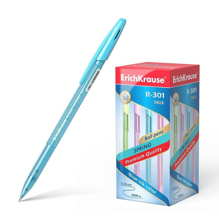 Pack De 50 Unidades Erichkrause Boligrafo R-301 Spring Stick 0.7 - Cuerpo Hexagonal Translucido - Punta De 0.7mm - Tinta De Secado Rapido - Color Azul