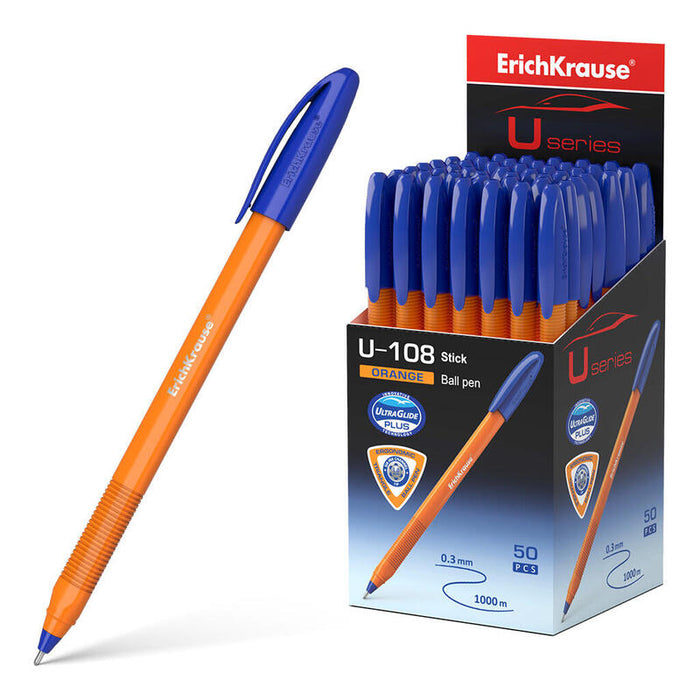 Pack De 50 Unidades Erichkrause Boligrafo U-108 Naranja Stick - Ultra Glide Technology - Tinta Azul