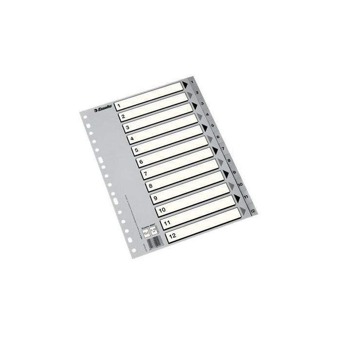 Pack De 50 Unidades Esselte Bolsa De 50 Indices Numericos De Plastico - Pestañas 1 Al 12 - Multitaladro - Formato A4 - Color Gris