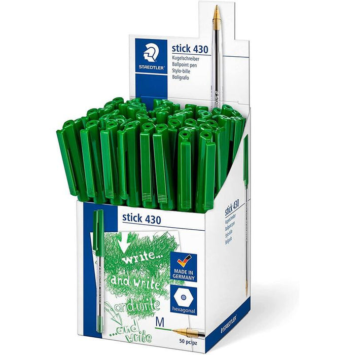 Pack De 50 Unidades Staedtler Stick 430 Boligrafo Con Capuchon - Punta 0.35mm - Tinta Endeleble - Color Verde