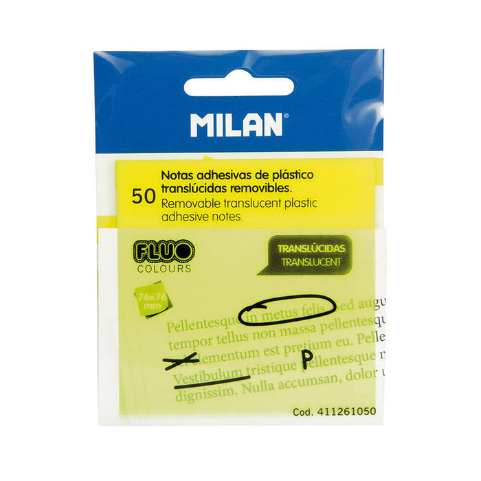 Pack De 6 Unidades - Bloc 50 Notas Adhesivas Translúcidas Amarillo Fluo 76x76mm Milan