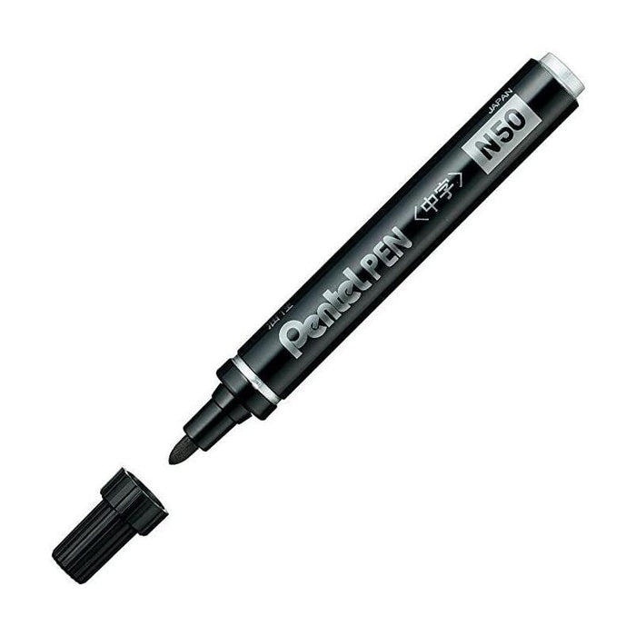 Pentel Pen N50-Ae Marcador Permanente Cuerpo Aluminio Negro Y Punta Media Conica -12u-