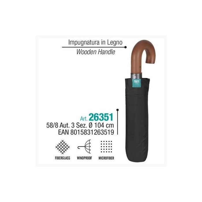 Perletti Paraguas Adulto 58/8 Aut.3 Sec. Negro Mango Madera