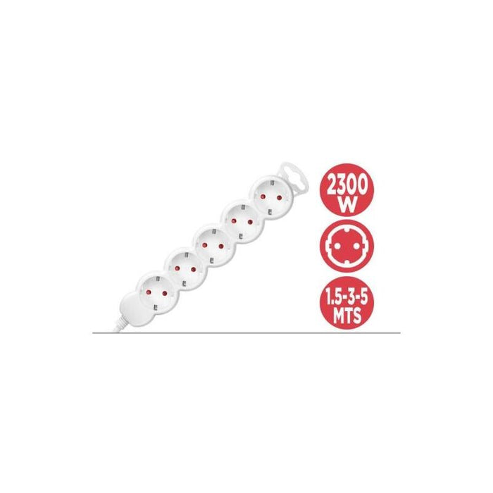 Phasak Regleta 5 Tomas Schuko Sin Interruptor Blanca Cable 1,5 Metros