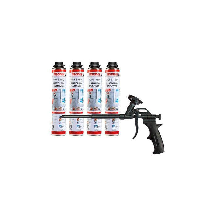 Fischer Pistola De Espuma Metálica Pupm 4 Black, Paquete De Oferta Especial, Pistola Pulverizadora Negra, Incl. 4x Pistola De Espuma Pup S 750 B2 530974