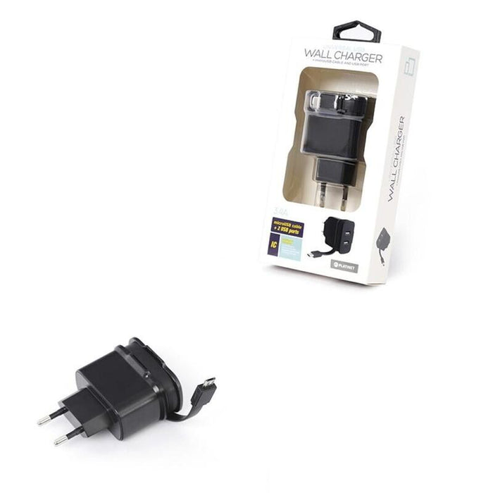 Platinet Cargador De Pared Cable Retractil Microusb 3,4a + 2xpuertos Usb