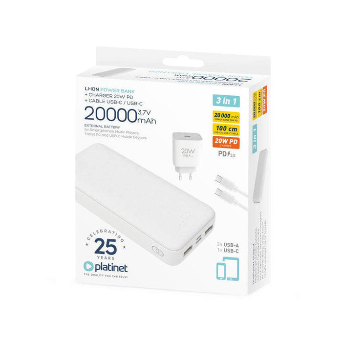 Platinet Power Bank 20000mah + 20w Pd Cargador + Cable 1m Blanco