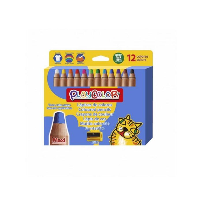 Playcolor Pack De 12 Lapices De Colores De Punta Gruesa + Sacapuntas - Trazo Extrasuave - Apto Para Papel, Carton,