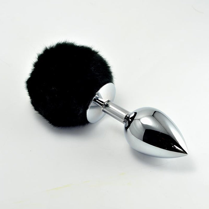 Plug Anal De Metal Con Pompon Negro Talla L