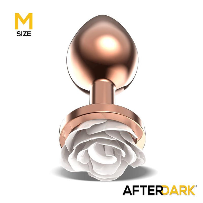 Plug Anal De Metal Oro Rosa Con Rosa Blanca En La Base Talla M