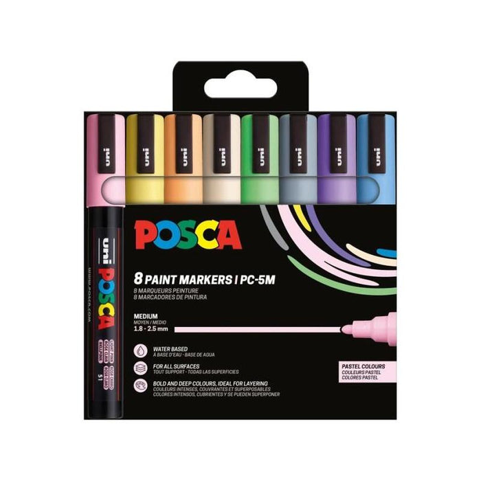 Posca Pc-5m/8c Estuche De 8 Marcadores De Pintura - Punta De Bala 1.8-2.5mm - Tinta Base Al Agua - Resistente A La Luz