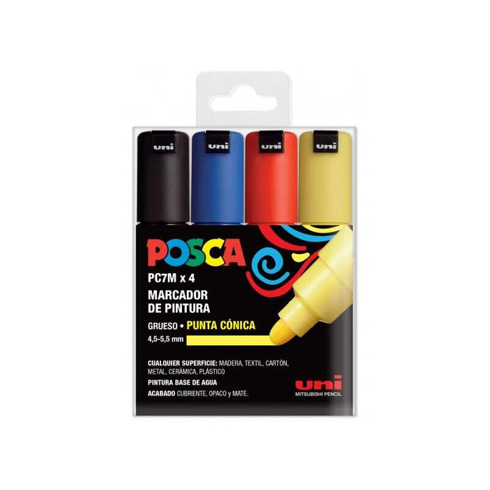 Posca Pc-7m Estuche De 4 Marcadores De Pintura - Punta De Bala 4.5-5.5mm - Tinta Base Al Agua - Resistente A La Luz -