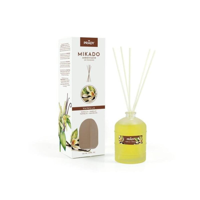 Prady Ambientador Mikado Vainilla - Frasco De Cristal 100 Ml Y Varitas Difusoras