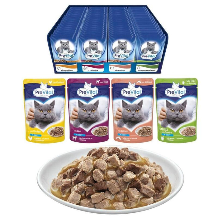 Prevital Comida Para Gatos Mix 4 Sabores Pollo, Ternera, Salmón, Aves  Comida Húmeda Para Gatos  96 X 100 G