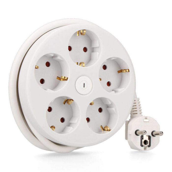 Prolongador Redondo Con 5 Tomas 2p+T Schuko, Con Interruptor, 16 A 250 V, Cable H05vv-F 3g1,5mm² De 1,5 M, Blanco